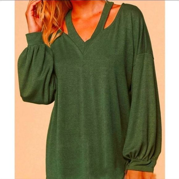 Olive V-Neck Cut Out Cashmere Feel Loose Fit Top - Picture 6 of 7
